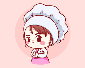 Cute Bakery chef girl arms crossed smiling cartoon art illustration logo. Premium Vector