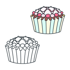 Glazed cupcake. Doodle illustrations (colored and black-n-white) of a glazed cupcake. Objects isolated on white. Vector 8 EPS.
