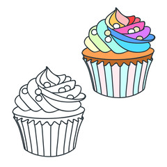 Rainbow cream cupcake. Doodle illustrations (colored and black-n-white) of a rainbow cream cupcake. Objects isolated on white. Vector 8 EPS.