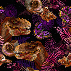 Tyrannosaurus rex, butterflies, palm leaves and ammonite fossil. Archeology and paleontology art. Fashion template. Seamless pattern. Embroidery style. Prehistoric life of dinosaurs