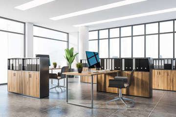 Panoramic white and wooden office with cubicles