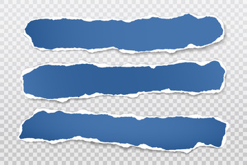 Piece of torn blue horizontal paper pieces with soft shadow stuck on white squared background. Vector illustration