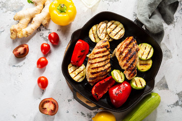 Overhead view of Grilled meat and vegetables in pan