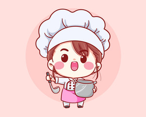 Cute Bakery chef girl Cooking smiling cartoon art illustration logo. Premium Vector