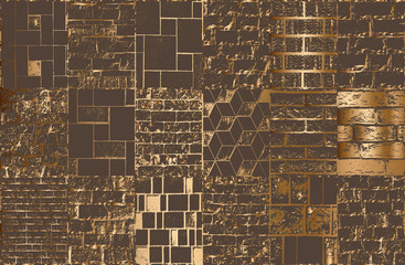 Set of distress old brick wall texture. Brown and golden grunge background.