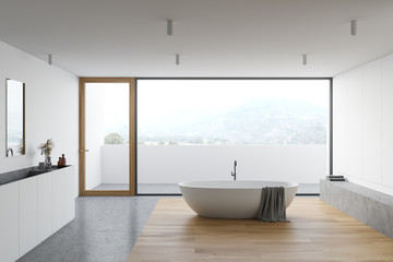Fototapeta na wymiar Panoramic white bathroom interior with balcony
