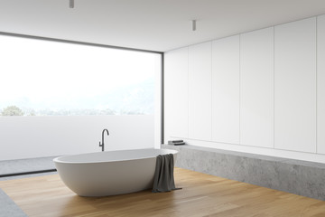 Fototapeta na wymiar Panoramic white bathroom corner, tub and balcony