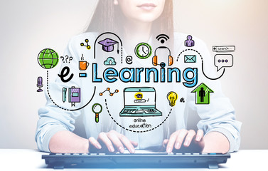 Woman typing on keyboard, e learning sketch