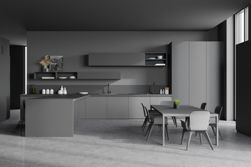 Gray kitchen, bar and table, side view