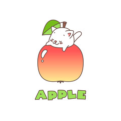 Apple. Kawaii illustration of a little white kitten sitting in an apple. Vector 8 EPS.