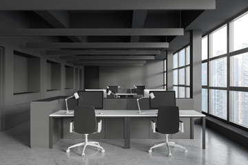 Gray panoramic open space office interior