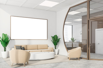 Futuristic white meeting room corner with poster