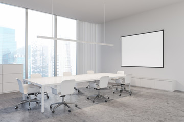 White panoramic meeting room corner with poster