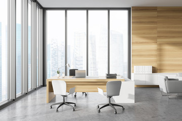 Panoramic wooden CEO office interior
