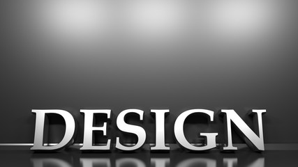 DESIGN metal write at black glossy wall - 3D rendering illustration