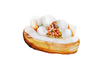Obraz na płótnie Canvas Coconut Ice cream with bread and peanuts topping Watercolor hand drawing and painting illustration isolated on white paper Background. Thai sweet dessert.