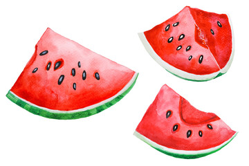 Fresh Watermelons sliced set Watercolor hand drawing and painting illustration isolated on white  paper Background.