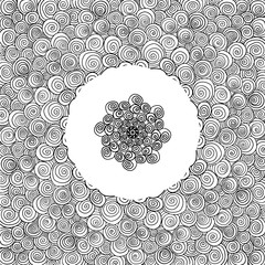 Pattern hand drawn doodles mandala. Dynamic contour repeating elements. Abstract coloring pages for adult, children. Modern spirals, swirls, line, spot. Vector cartoon black outline white background