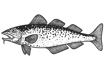 Illustration of cod  fish in engraving style. Design element for logo, label, sign, poster, t shirt. Vector illustration