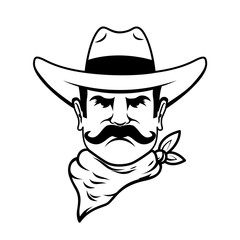 Icon of cowboy head. Design element for logo, label, sign, poster, t shirt. Vector illustration
