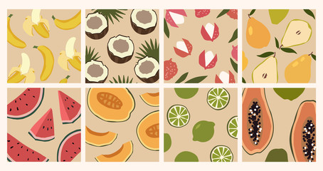 Trendy set of minimalistic summer tropical fruit backgrounds in pastel shades