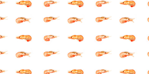 Shrimps orange pattern on white background flat lay banner