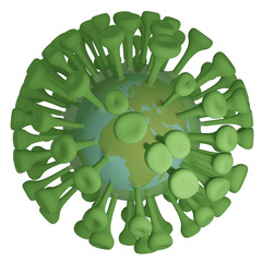 Terrestrial globe inglobed in transparent coronavirus