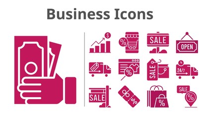 business icons set. included shopping bag, profits, online shop, sale, money, discount, placeholder, delivery truck, open icons. filled styles.