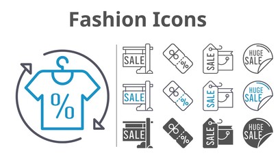 fashion icons icon set included shopping bag, sale, shirt, discount icons