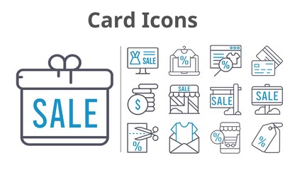 card icons set. included gift, newsletter, online shop, sale, shop, money, voucher, price tag, credit card icons. bicolor styles.