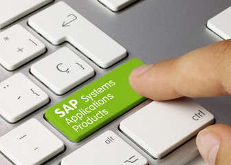 SAP Systems Applications Products - Inscription on Blue Keyboard Key. - obrazy, fototapety, plakaty