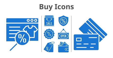 buy icons set. included online shop, shopping bag, wallet, price tag, discount, warranty, credit card, open icons. filled styles.