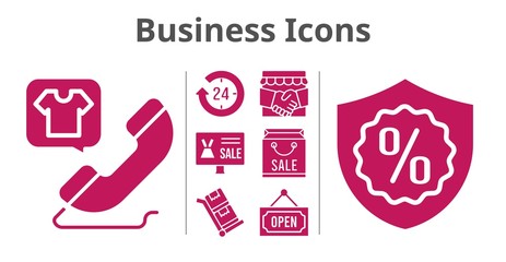 business icons set. included online shop, handshake, shopping bag, 24-hours, phone call, warranty, open, trolley icons. filled styles.