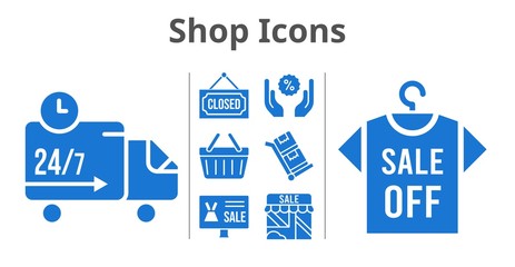 shop icons set. included online shop, shop, shirt, closed, discount, shopping-basket, delivery truck, trolley icons. filled styles.