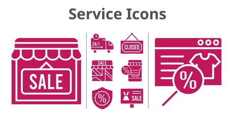 service icons set. included online shop, shop, warranty, closed, delivery truck icons. filled styles.