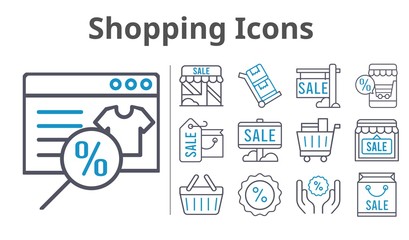 shopping icons set. included shopping bag, online shop, sale, shop, shopping cart, discount, shopping-basket, trolley icons. bicolor styles.