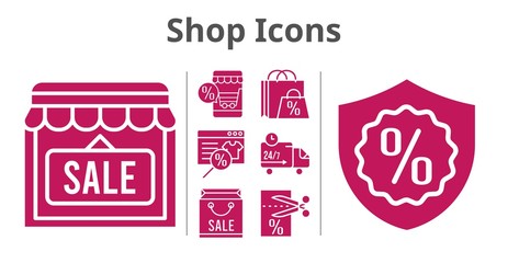 shop icons set. included online shop, shopping bag, shop, voucher, warranty, delivery truck icons. filled styles.