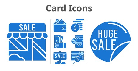 card icons set. included online shop, sale, shop, wallet, money icons. filled styles.