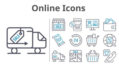 online icons set. included online shop, 24-hours, shop, wallet, shopping cart, phone call, shopping-basket, delivery truck, internet, trolley icons. bicolor styles.