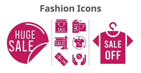 fashion icons set. included shopping bag, sale, shirt, discount icons. filled styles.