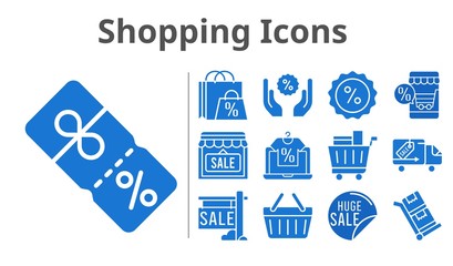 shopping icons set. included shopping bag, online shop, sale, shop, shopping cart, discount, shopping-basket, delivery truck, trolley icons. filled styles.