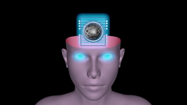 Glowing Implant inside human head.  Black and white alpha matte included. Brain implant .  AI .3d animation