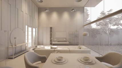 3d rendering. Interior house modern open living space with kitchen.Loft style Duplex apartment residence.Home decoration luxury  interior design.