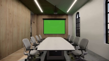 Interior Empty Modern Loft Office open space modern office footage.Modern open concept Lobby and reception area meeting room design.3d Rendering .green screen on the wall.