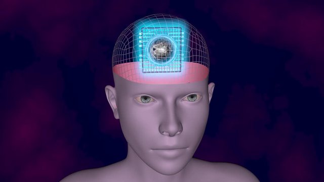 Glowing Implant inside human head. Brain implant . AI.  3d animation