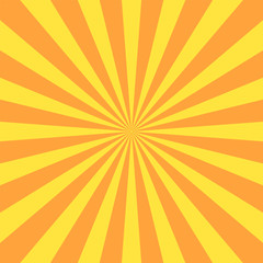 Sun rays background. Yellow orange radiate sun beam, burst effect. Sunbeam light flash boom. Template poster sale. Sunlight star, sunrise burst. Solar radiance glare, retro design. Vector illustration