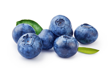 Fresh blueberries with bluberry leaves isolated on white background.