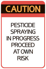 Caution.Pesticide spraying in progress proceed at own risk.
Warning about chemical treatment of plants, informational, text poster.