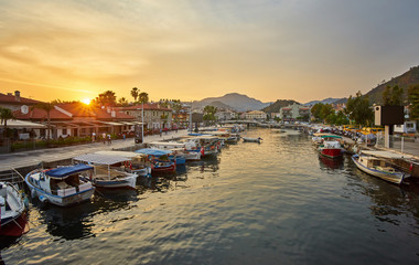 Fototapeta premium Marmaris marina landscape beautiful sunset citycape touristic destination view of Mugla city, Turkey.