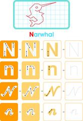 Alphabet N learning letter set practice with narwhal for kids worksheet write isolated background. Vector illustration